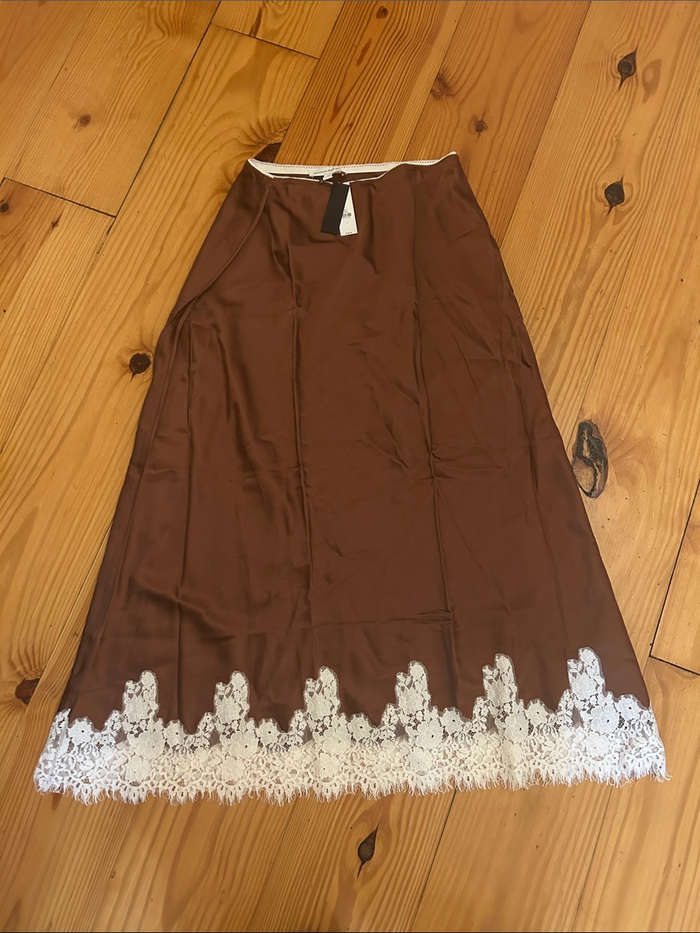 Banana Republic Brown Satin A-Line Skirt with White Lace Trim